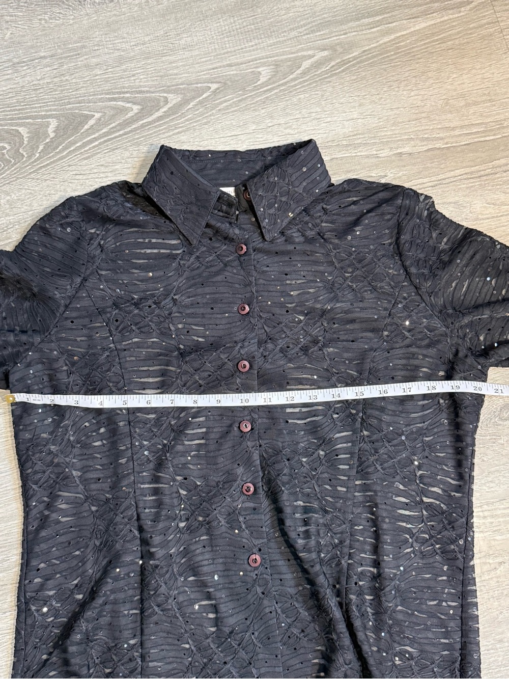 Misook Sheer Sequin Black Long-Sleeve Button Front Blouse - evening party Vegas - Picture 4 of 5